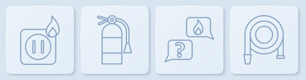 消防插座接线，紧急电话拨打911，灭火器和消防水带卷筒。白色正方形按钮。向量图片下载