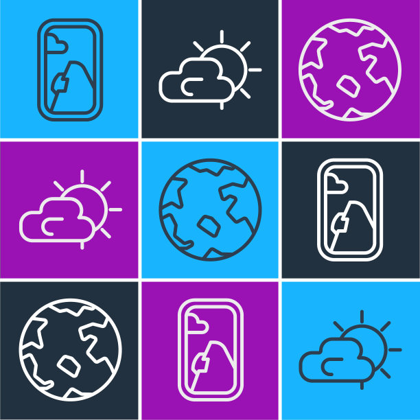 设置线飞机窗口，世界各地和太阳和云天气图标。向量图片下载