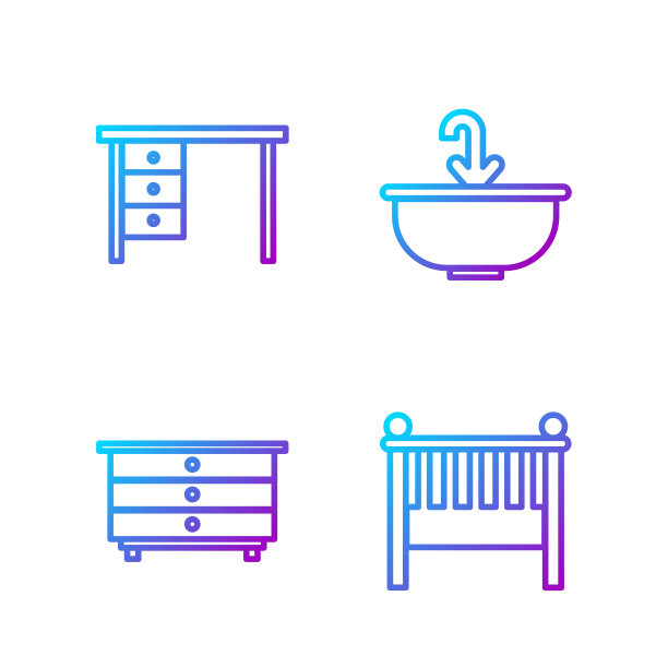 成套婴儿床摇篮床，五斗柜，办公桌，带水龙头的脸盆。渐变颜色图标。向量图片下载