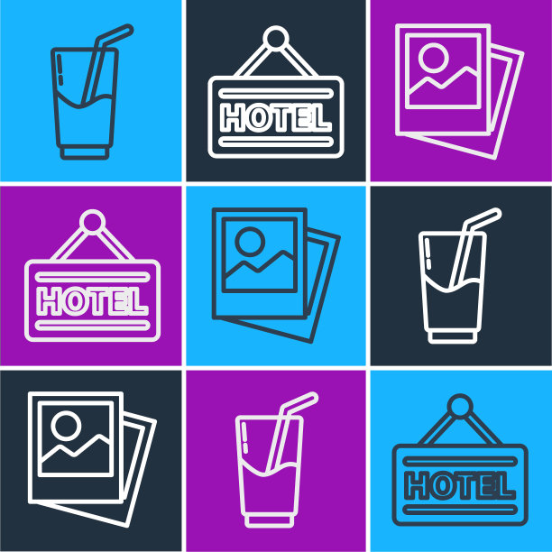 设置线鸡尾酒和酒精饮料，照片和招牌与文本酒店图标。向量图片下载