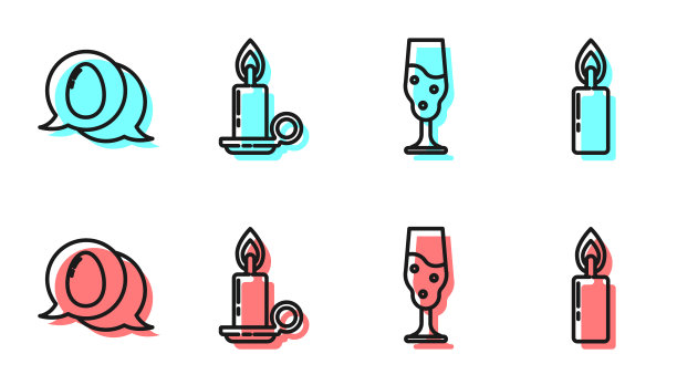 设置线酒杯，讲话气泡与复活节蛋，燃烧的蜡烛在烛台和燃烧的蜡烛图标。向量图片下载