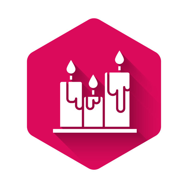 白色燃烧的蜡烛图标孤立与长影子。燃烧着火焰的圆柱形蜡烛棒。粉红色的六角按钮。矢量图图片下载