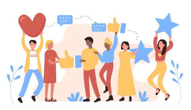 顾客们评论矢量插图，卡通平面快乐的男女人物抱着评分心点赞和星星概念孤立在白色上图片下载