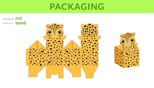 可爱的DIY派对喜欢盒子生日，婴儿送礼与可爱的美洲虎糖果，糖果，小礼物。可打印颜色方案。打印、裁剪、折叠、粘胶。矢量插图。图片下载