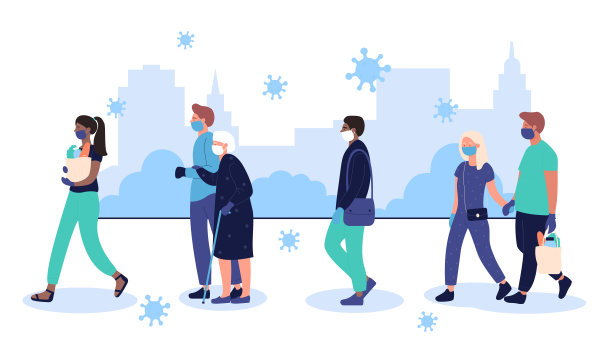 城市冠状病毒疫情。在城市矢量插图中，人们戴着防护口罩走在街上。预防冠状病毒病covid-19传播媒介说明。图片下载