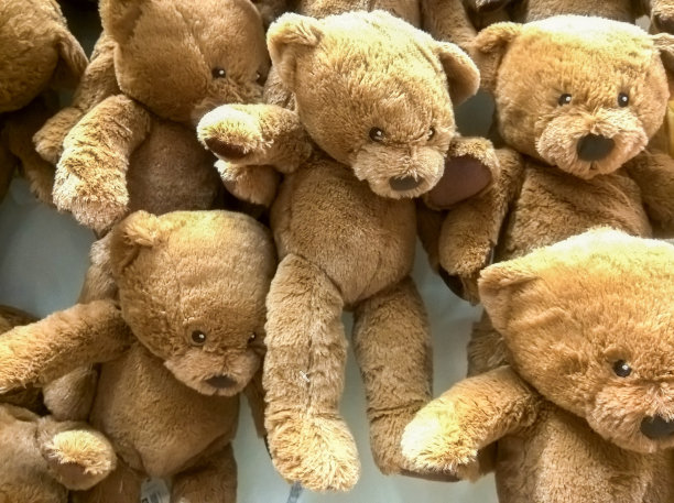 商店里有许多熊娃娃挂在墙上出售。图片下载