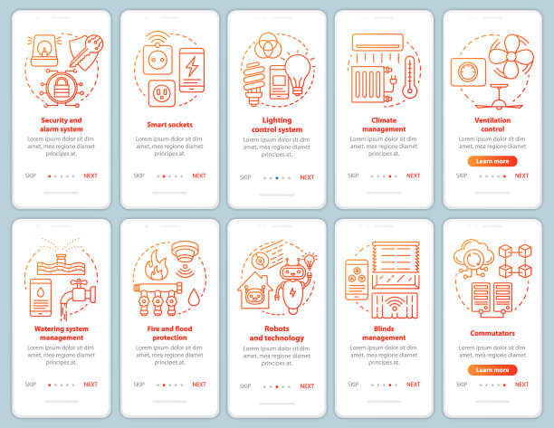 智能家居登陆手机应用页面屏幕矢量模板集。现代家庭自动化系统。用线性插图演练网站步骤。UX, UI, GUI智能手机界面概念图片下载