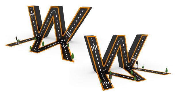 图中的字母符号以道路的形式出现，白色背景上的白色和黄色线标记，并有裁剪的路径。3 d渲染插图。图片下载