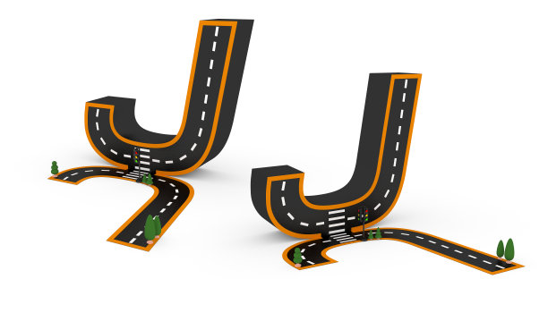 图中的字母符号以道路的形式出现，白色背景上的白色和黄色线标记，并有裁剪的路径。3 d渲染插图。图片下载