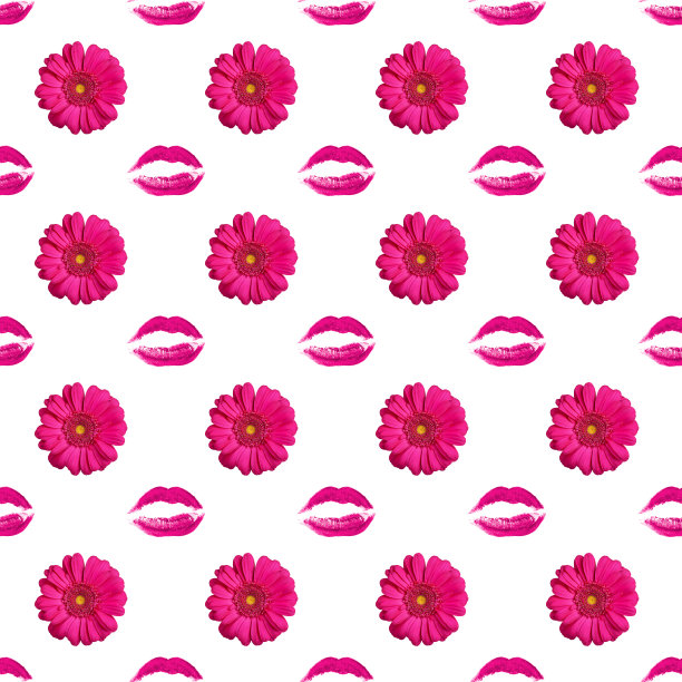 无缝图案的粉色非洲菊花和唇吻印在白色背景孤立，雏菊花和唇妆邮票重复点缀，化妆墙纸，美丽背景，时尚横幅图片下载