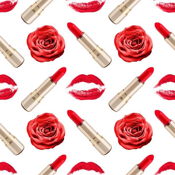 无缝图案红吻印、口红、玫瑰花在白色背景上孤立、玫瑰花、金色唇膏、唇妆邮票重复点缀、彩妆壁纸、美丽背景图片下载