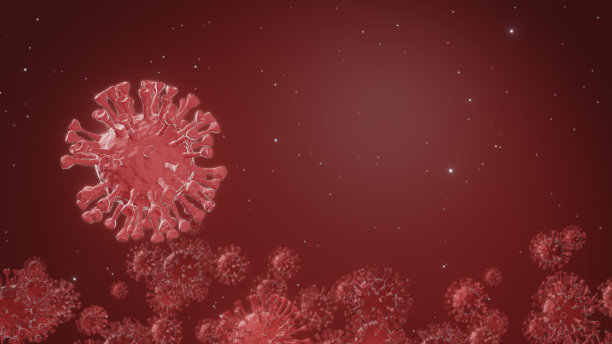 冠状病毒、流感病毒在红色背景上飞行或运动。冠状病毒、COVID-19在显微镜下通过血液感染。微生物细菌细胞的3d渲染，动画，插图图片下载