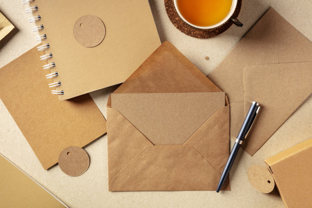一个打开的棕色牛皮纸信封，周围有一张贺卡和其他纸张，还有一个放文字的地方，从顶部拍摄图片下载