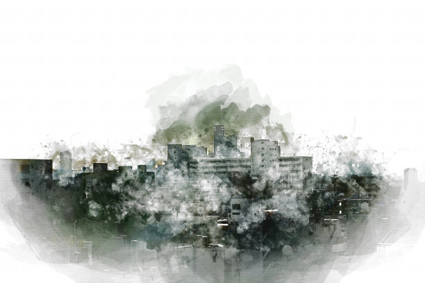 抽象办公楼以城市建筑为背景绘制水彩画。城市上的数字插画刷艺术。图片下载