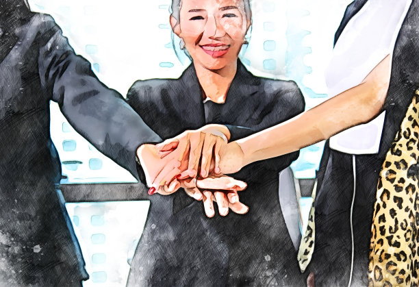 抽象彩色商业握手合作伙伴水彩插画背景画。图片下载