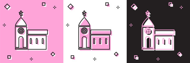 设置教堂建筑图标孤立在粉红色和白色，黑色的背景。基督教教堂。宗教的教堂。矢量图图片下载