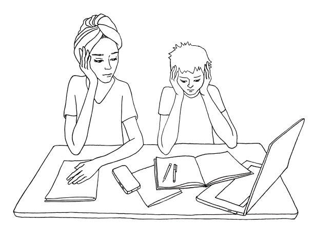 妈妈和儿子正在做家庭作业。隔离中的远程学习。呆在家里。自我隔离的黑笔艺术线条插图图片下载