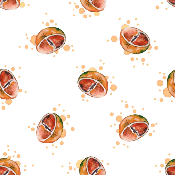 重复的图案，一半的红宝石葡萄柚和粉红色的果汁分散在白色。水彩画插图。图片下载