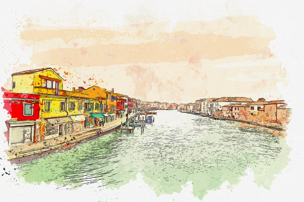 意大利慕拉诺岛著名地标水彩画城市景观。素材图片