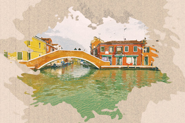 意大利慕拉诺岛著名地标的彩色铅笔城市景观。图片下载