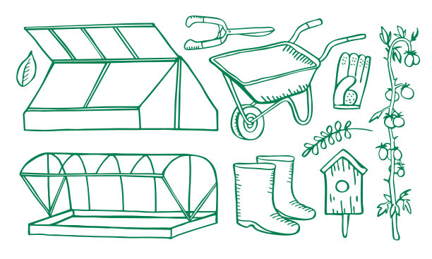 设置两个温室，园艺工具和植物。手绘矢量草图插图图片下载