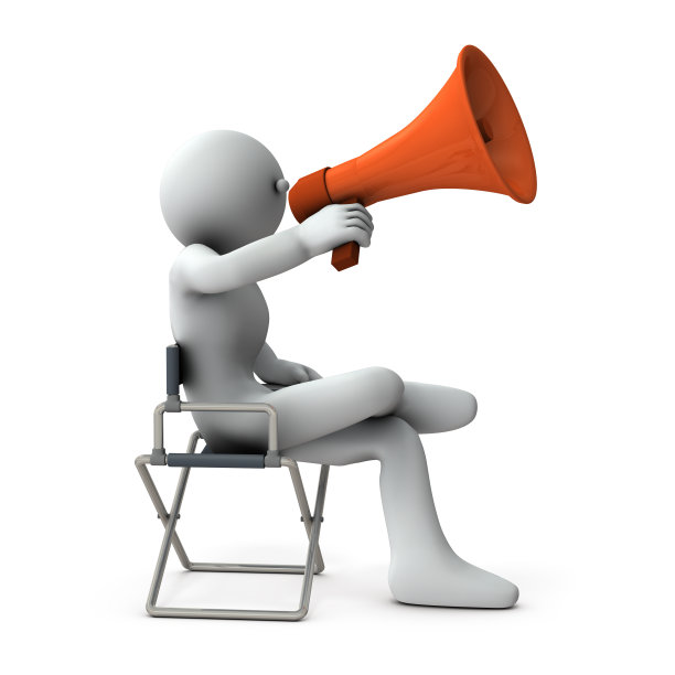 一个坐在导演的椅子上并给出指示的角色。他看起来傲慢。白色背景。3 d演示。图片下载