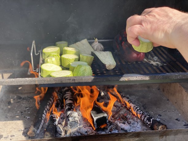 西葫芦，茄子，辣椒，大蒜在火上烤。室外烧烤。图片下载