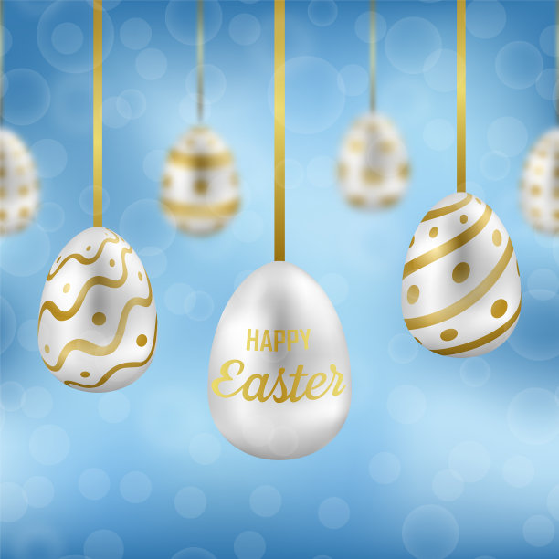 复活节彩蛋在蓝天与散景效果无缝衔接图片下载