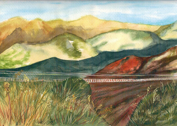 水彩画插图山秋季景观与吊桥手绘明信片横幅邀请明信片图片下载