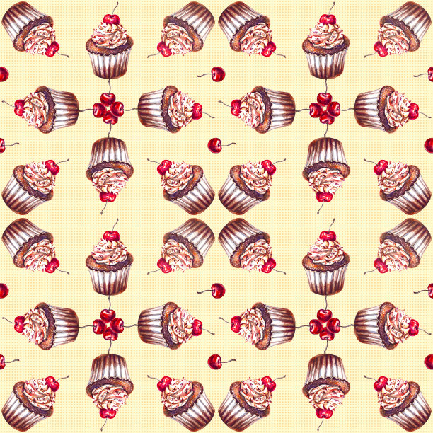 巧克力松饼和樱桃浆果的无缝图案图片下载