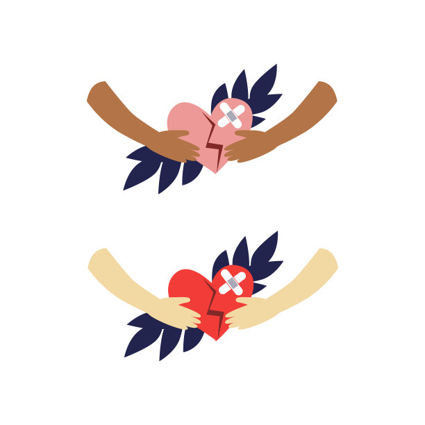 矢量插图一套黑色和白色的手拿着红色的心与伤口和补丁在它。图片下载