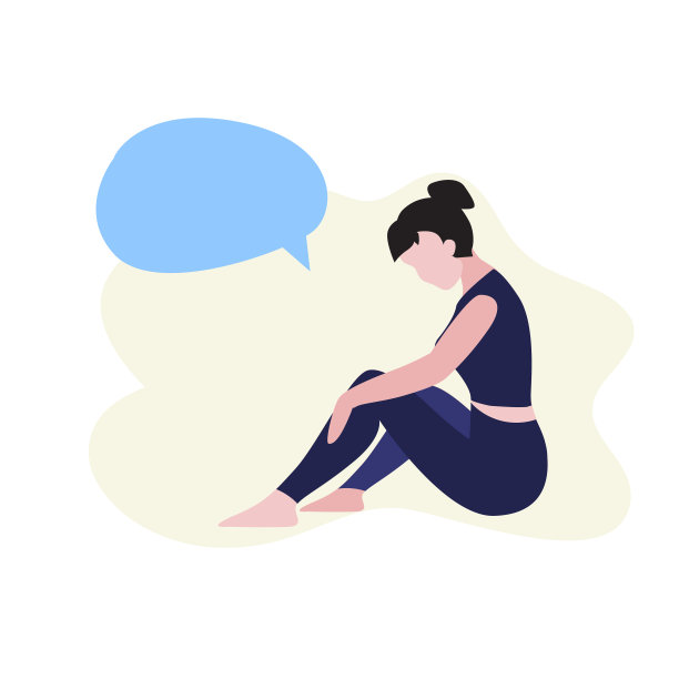 向量插图的白人妇女与深色头发坐在地板上和思考近讲话气泡。图片下载