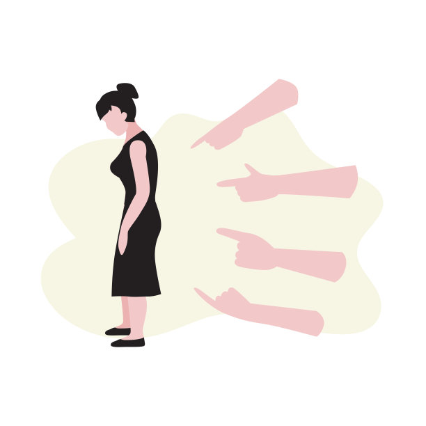 矢量平面插图站立的女人在黑色的衣服和许多人的手指指着女人的手。图片下载