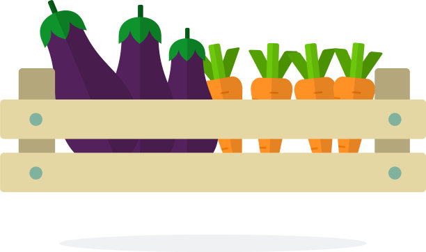茄子和胡萝卜放在一个木制杂货盒里图片下载