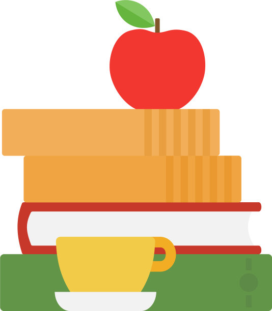 苹果上一堆书，茶杯平孤立图片下载