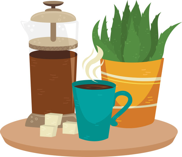 法式压滤壶，一杯咖啡和植物图片下载