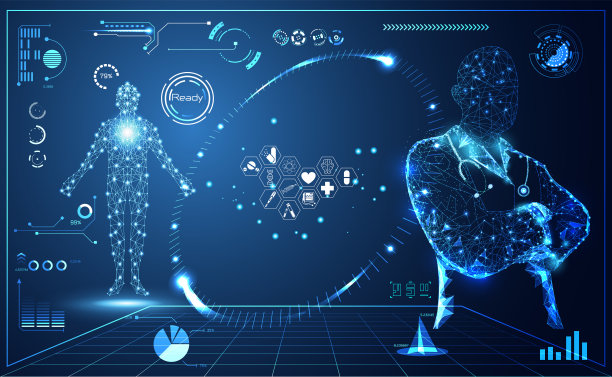 健康医学是在高科技的蓝色背景下，由医生数字未来虚拟全息图治疗、医学和通信系统链接连接而成。向量图片下载