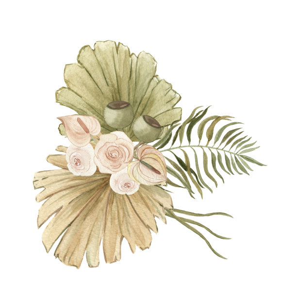 波西米亚花束与干棕榈叶，树枝和鲜花。波西米亚婚礼，新娘送礼会，婴儿送礼会。图片下载