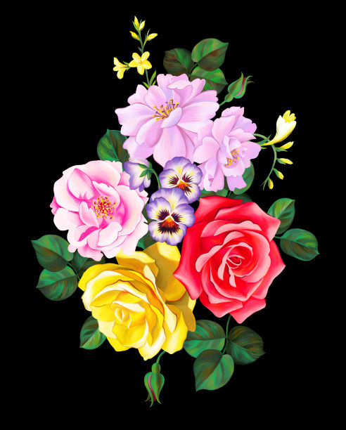 花卉绘画。单独的夏季大玫瑰花束图片下载