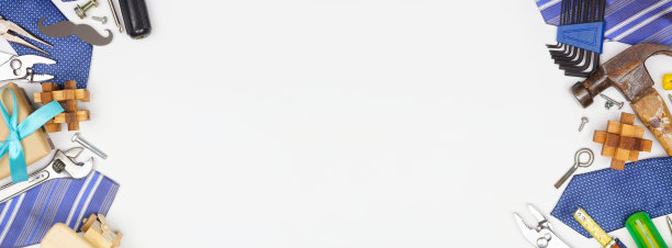 父亲节主题双边界的礼物，领带，游戏和工具上的白色横幅背景图片下载