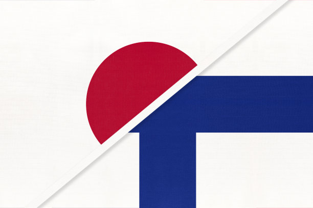 日本vs芬兰，两国国旗的象征。亚洲和欧洲国家之间的关系。图片下载