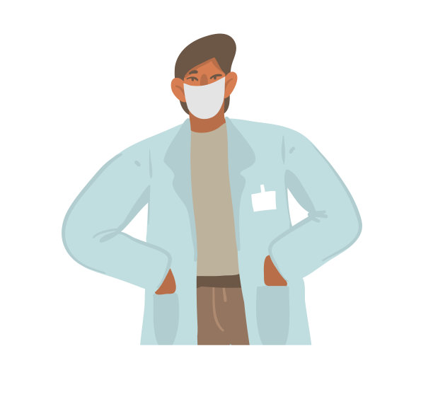 手绘矢量股票抽象图形插图与男医生在医生大衣和口罩隔离在白色背景图片下载