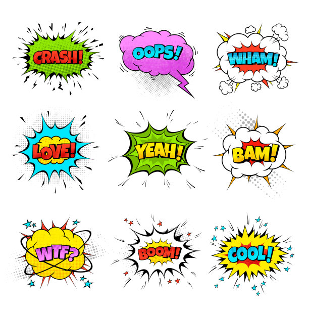 矢量漫画音效，孤立的白色和半色调背景。演讲泡沫。图片下载