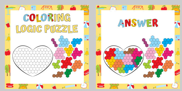 着色逻辑谜题。有教育意义的游戏。精细运动技能工作表。图片下载