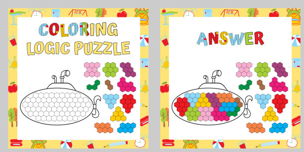 着色逻辑谜题。有教育意义的游戏。精细运动技能工作表。图片下载