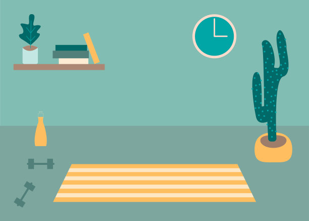 矢量室内平面设计插图。家中色彩缤纷的家具，简约的客厅，时尚的风格。设计一个舒适的房间，有室内装饰配件和植物。装饰元素图片下载