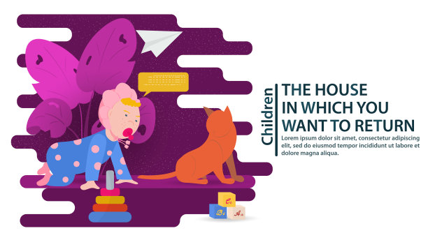 小婴儿爬后的猫在四脚，概念设计的横幅和网站和贺卡矢量平面插图图片下载