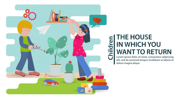 一个十几岁的男孩和女孩玩一个无线电控制的汽车的旗帜和网站和明信片矢量平面插图的概念图片下载