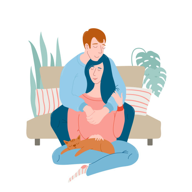 温馨的肖像，一对年轻夫妇拥抱和一只猫图片下载