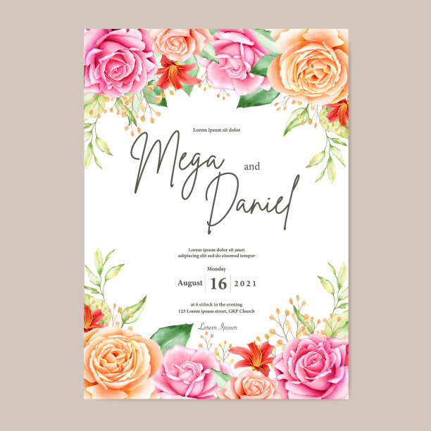 优雅的花与叶背景婚礼请柬设计图片下载